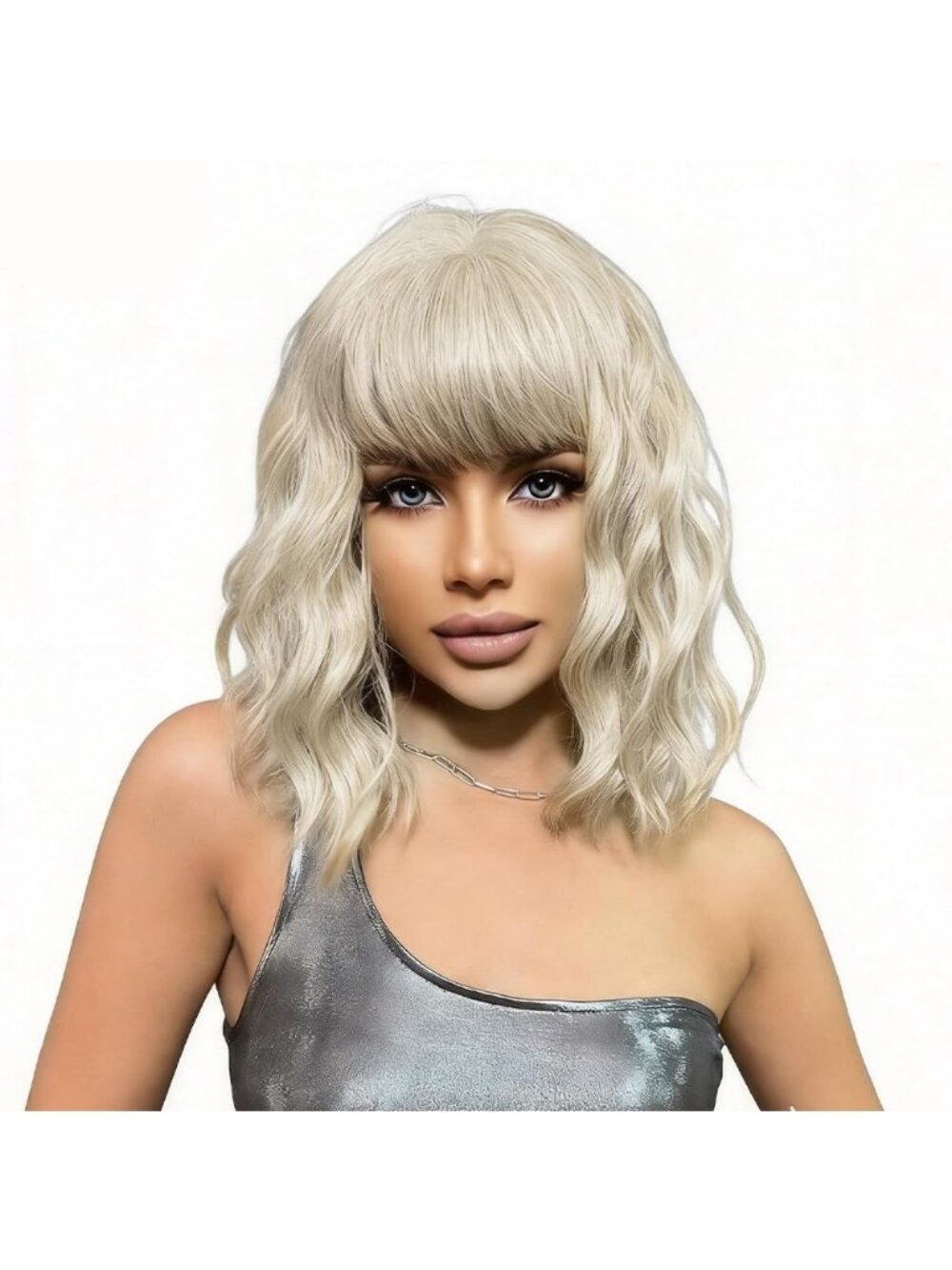 Women's Ash Blonde Short Wavy Curly Looking Natural Bob Wig Synthetic with Bangs